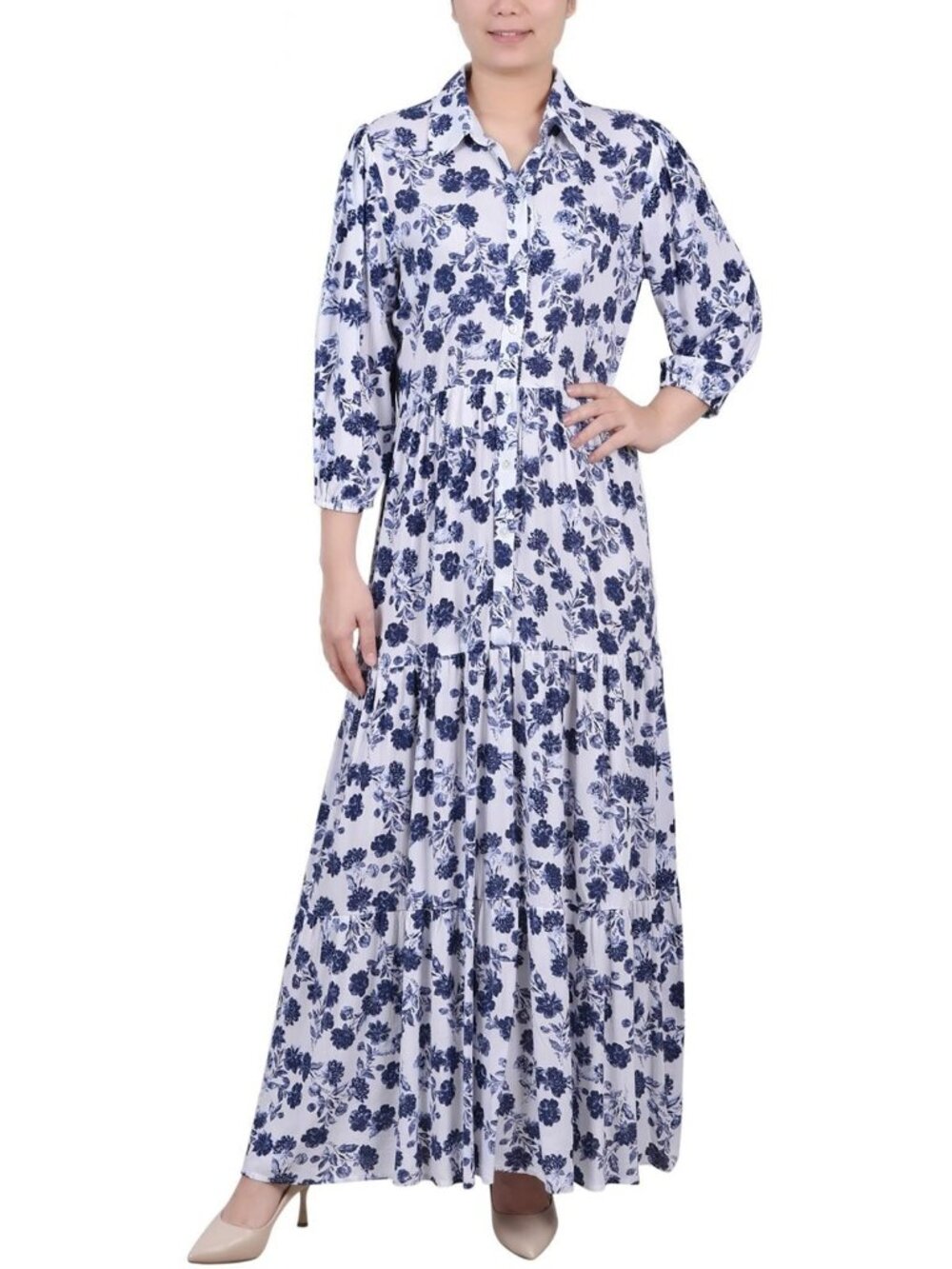 NY Collection Womens Petites Crinkle Tiered Maxi Dress Size PXL MSRP $60 Blue